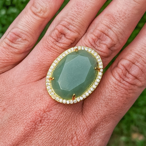 14k Gold Aventurine Gemstone Adjustable Statement Ring Plated in 14k Gold - Picture 2 of 4